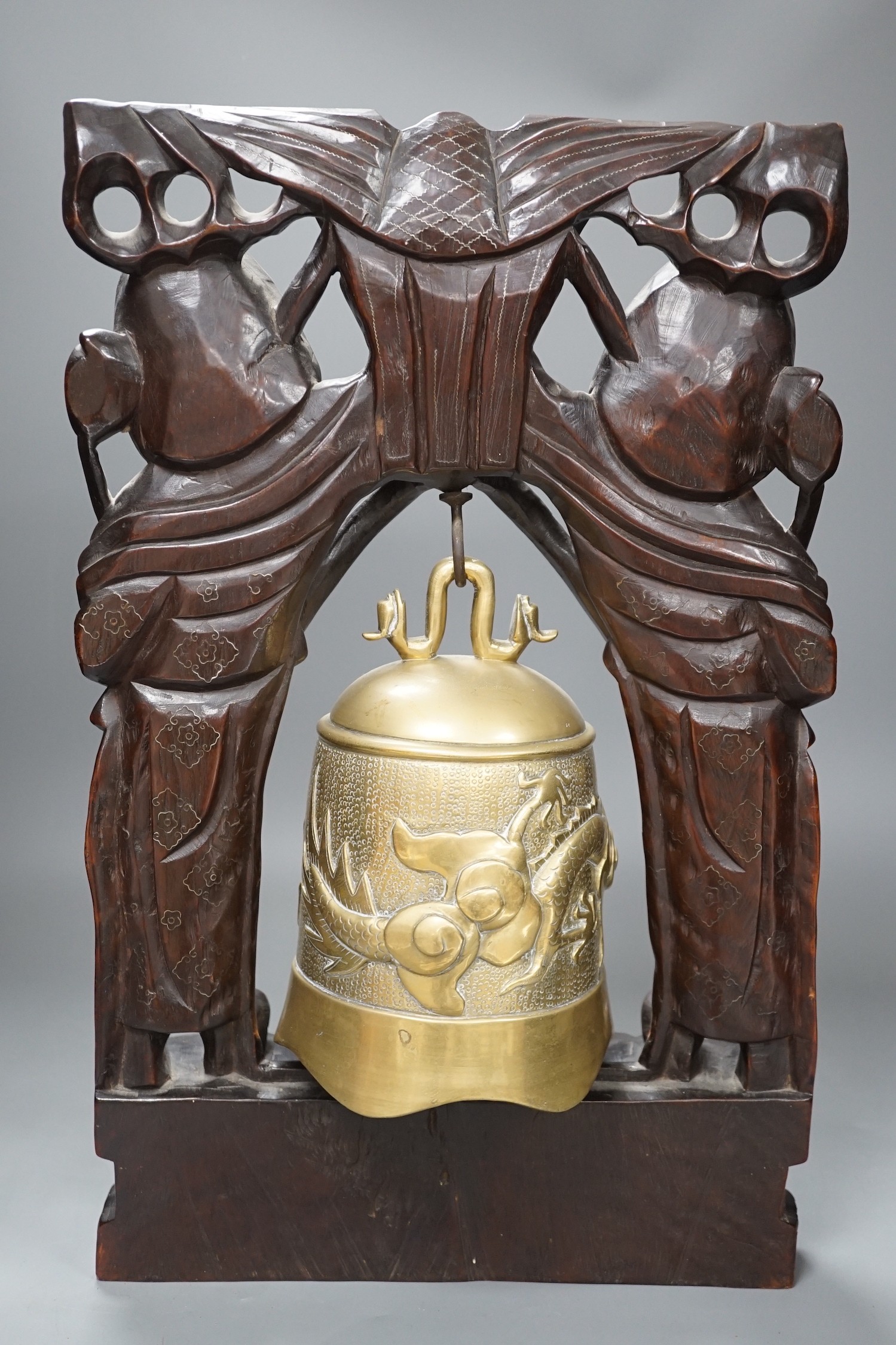 A Chinese hongmu stand and bell, 44cm